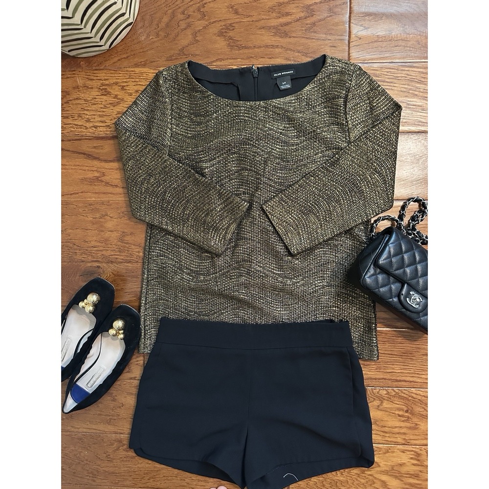 Club Monaco Womens S Metallic Gold Textured Shimmer 3/4 Sleeve Top 295520988